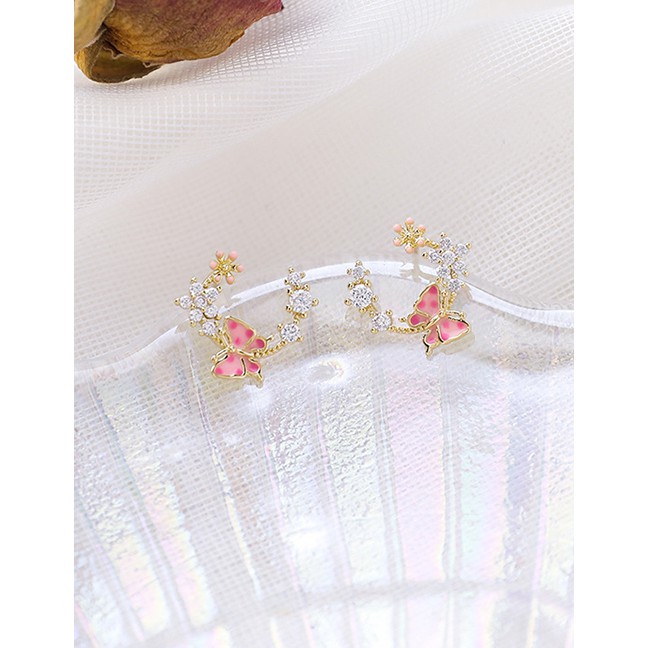 LRC Anting Tusuk Fashion Pink Butterfly Garland Micro Zircon Earrings K42157