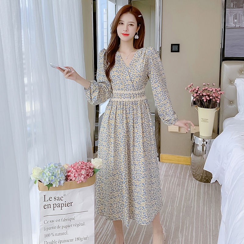 Pakaian wanita dres retro casual anggun motif floral sifon V-neck tunik