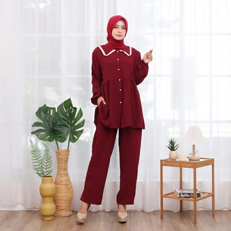 SETELAN CRINKLE AIRFLOW PREMIUM / SETELAN 2IN BAJU RENDA DAN CELANA / SETELAN OOTD HIJAB STYLE VIRAL (BANYAK SIZE M. L. XL)