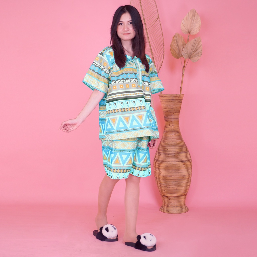 PIYAMA SETELAN PENDEK JUMBO KATUN KARAKTER BAJU TIDUR KANCING DEPAN-KJ SONGKET BIRU