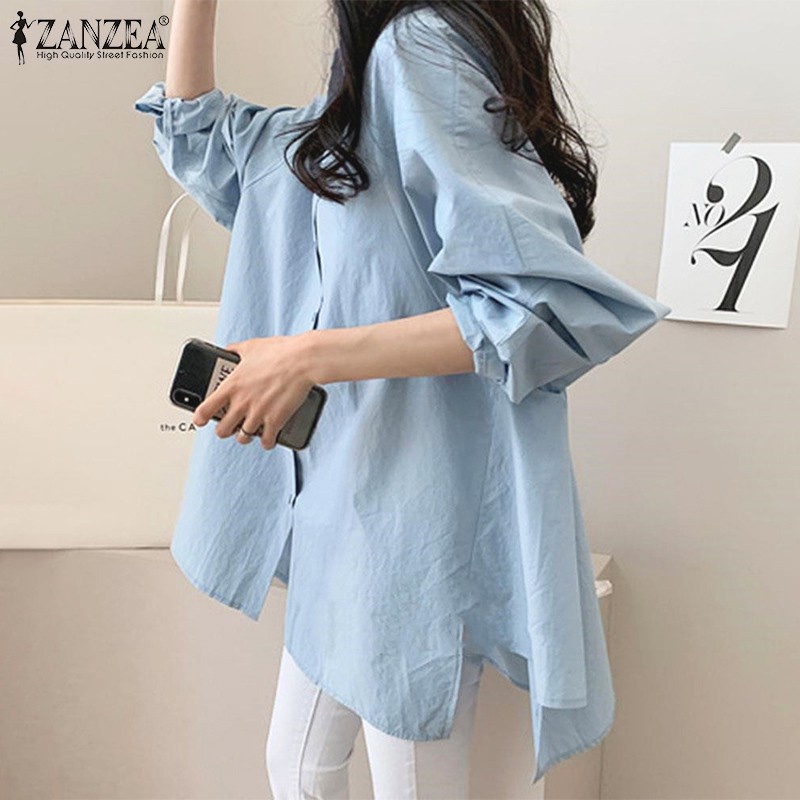 ZANZEA Women Casual Long Sleeve Button Down Irregular Hem Korea Blouse