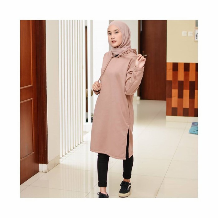 sweater rahmi long hoodie wanita panjang selutut outer hijab muslimah - mocca