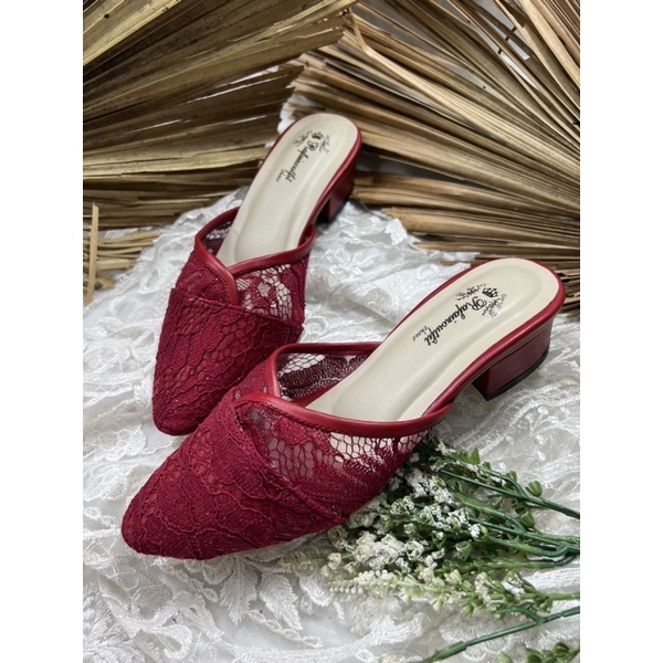 sepatu wanita merah marron cindy tanpa tali tinggi 3cm tahu