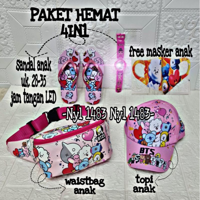 REAL PICT | paket hemat 4in1 tas selempang anak waistbag free topi / sandal / jam tangan