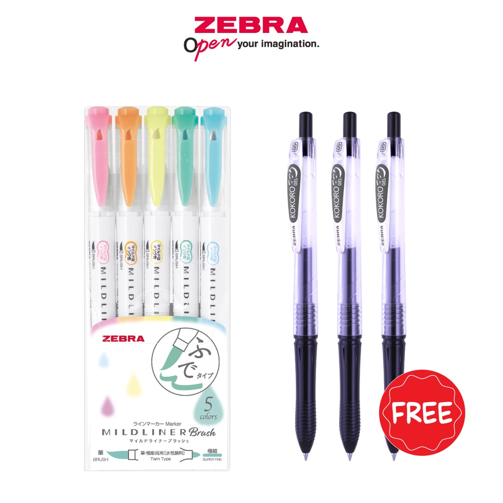 

ZEBRA MILDLINER BRUSH PEN MARKER SET 5 PCS SPIDOL WARNA DOUBLE ENDED FREE KOKORO PULPEN 3 PCS