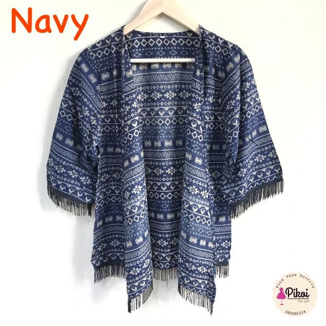 506 Cardigan Etnik Fringe / Cardi Rumbai Navy / Outer Batik / outwear Termurah