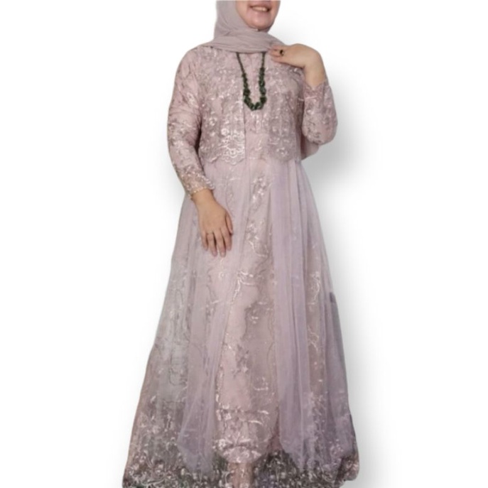 Gamis Syar'i Warna Putih Baju Lebaran 2022 Dress Brokat  Kebaya Pesta gamis tille bordir - silver, M
