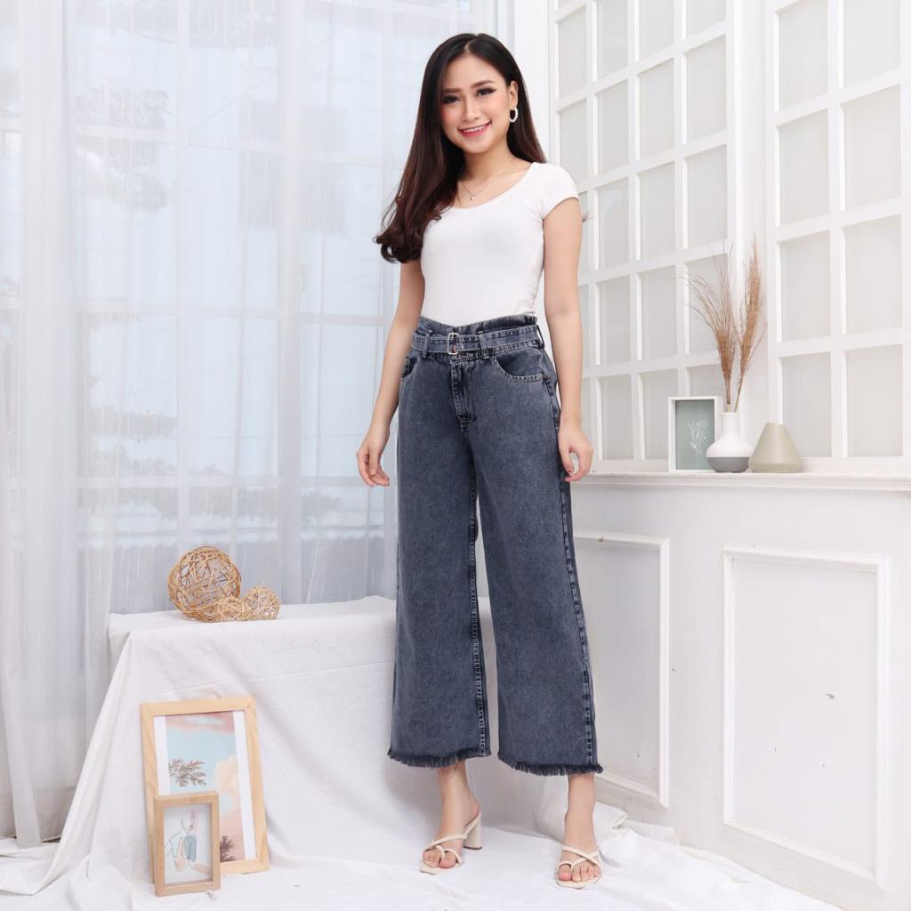 HOPYLOVY SALE Celana Kulot Jeans Wanita Highwaist Jeans Washed Free Belt BF Rawis Tanisa