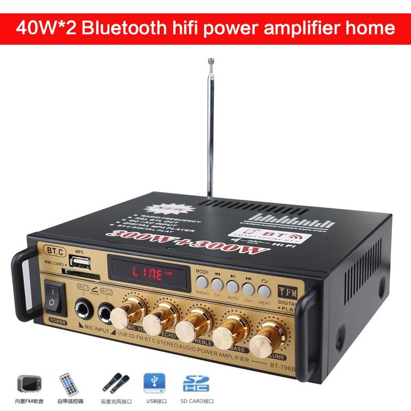 gs8 220V Power ampli karaoke amplifier hifi stereo 2 port mic echo bass trable audio bluetooth 40wx2 + remote control bt-198b Fleco Pro