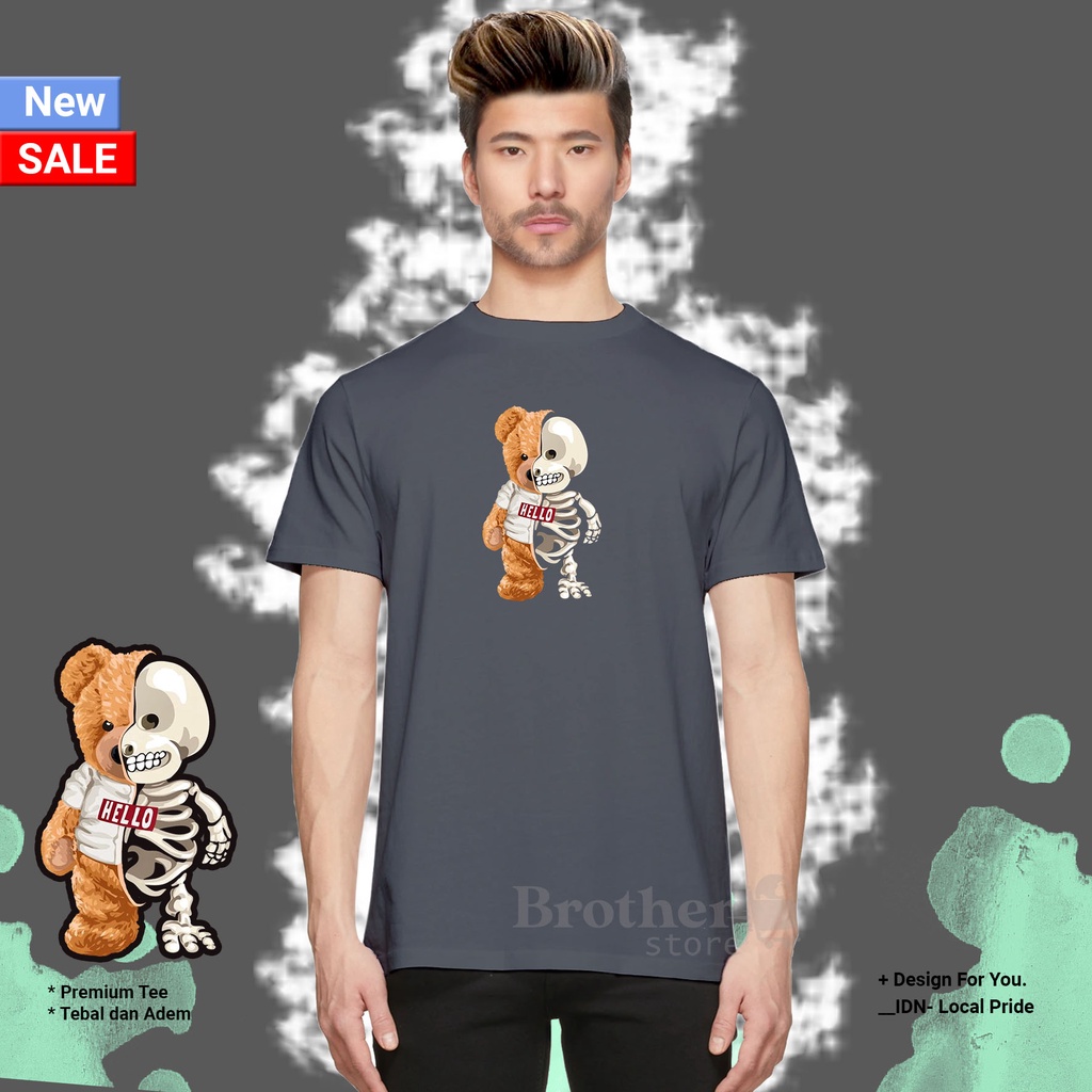 BROTHERSTORE - Kaos Distro Pria - KAOS COWOK CEWEK - Kaos Kata Kata - Hello bear Text PUTIH Premium