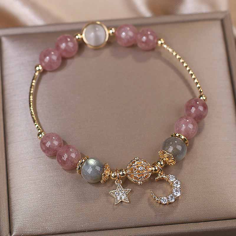 Gelang Kristal Berlian Imitasi Bentuk Bulan Bintang Warna Pink