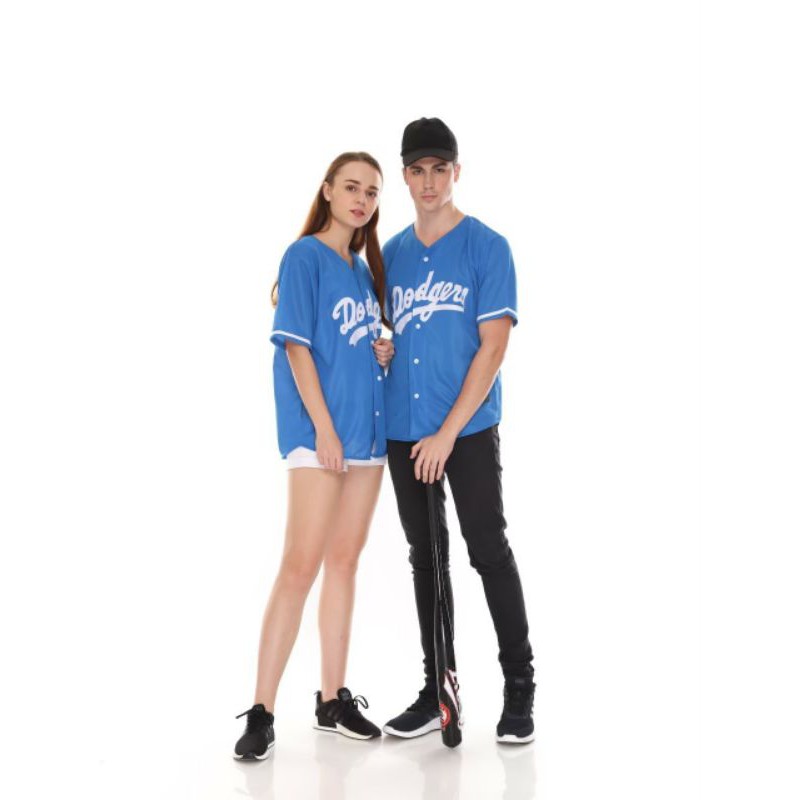 Kaos Jersey Baseball Pria dan Wanita Dodgers biru turkis