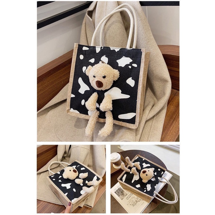 TOTE BAG SELEMPANG KANVAS ADA TEDDY BEAR + SLETING