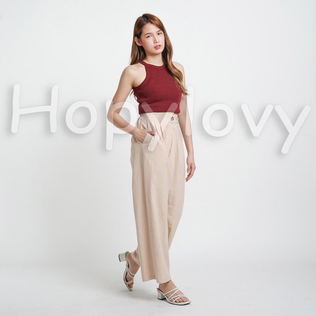 HOPYLOVY Celana Kulot Wanita Katun Linen Double Button Jemima / Celana Panjang Wanita Polos-8