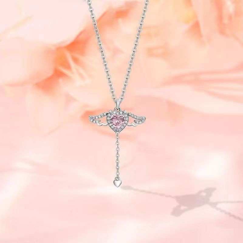 Barbie Kalung Rantai Silver 925 Liontin Hati + Sayap Malaikat Hias Cubic Zirconia Pink Untuk Wanita