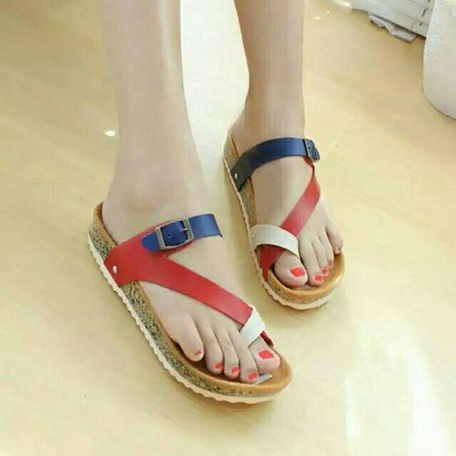 Marlee Sandal Santai Wanita Footbed Tricolor IB-09 Merah/Biru/Putih