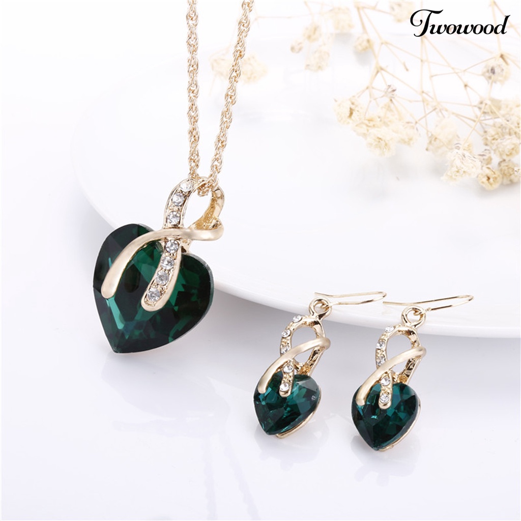 1 Set Kalung Anting Liontin Hati Kristal Tiruan Tahan Lama Untuk Perhiasan Pernikahan Wanita