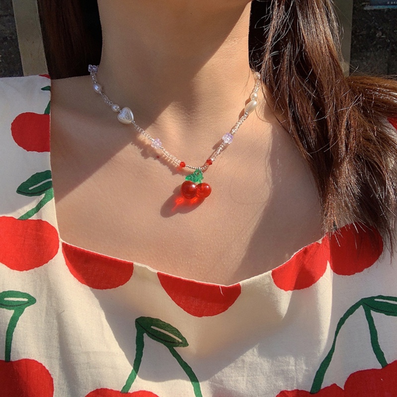 Kalung Rantai Dengan Liontin Buah Ceri Gaya Retro Perancis Untuk Wanita