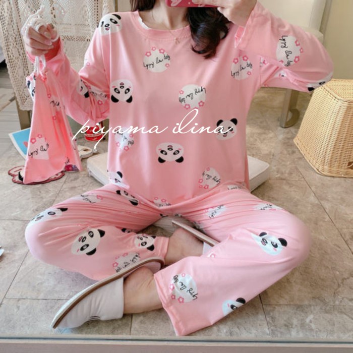 Fe40F4R Piyama Wanita Bahan Kaos Import Motip Love Bear 009 - M, Merah Muda Fr0Fr40