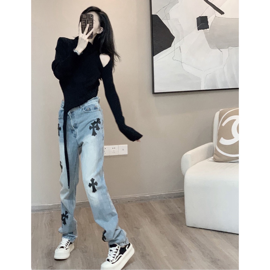 celana jeans high waist wanita high street croix heart blue cross jeans women hiphop straight pants