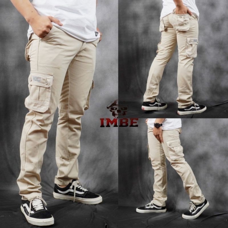 IMBE DENIM Celana Panjang Celana Cargo panjang pria Celana cargo warna cream seri art IMB337