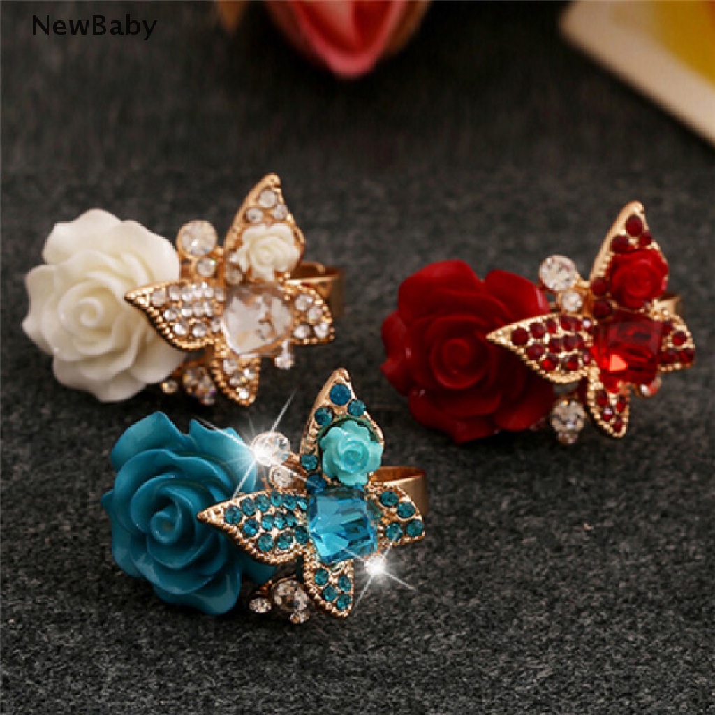 Newbaby Cincin Wanita Desain Kupukupu Mawar Hias Kristalberlian Imitasi Adjustable Untuk Pertunangan