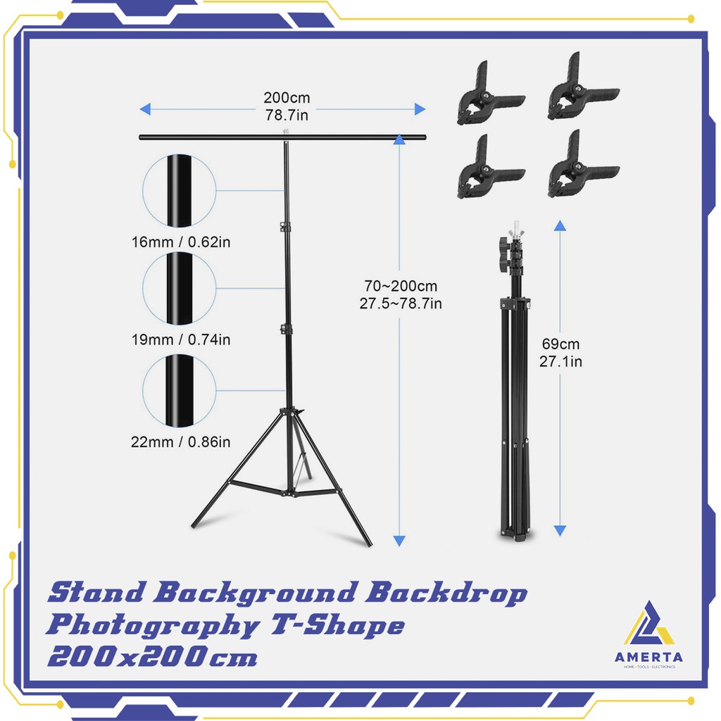 Background Backdrop Photography T-Shape 200x200cm with 4 Clamp Clip Meking Stand  - Black