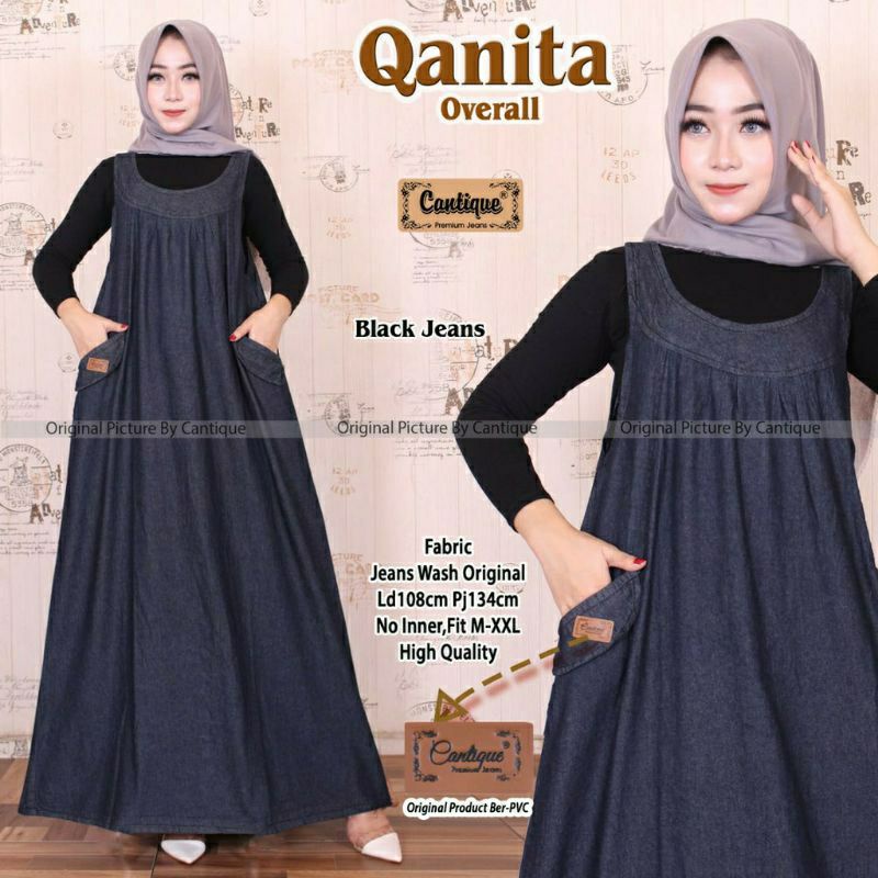 Qanita overall-overal bumil-overall jeanswash halus-biru hitam-all size bb 50-100kg-Qanita overall j