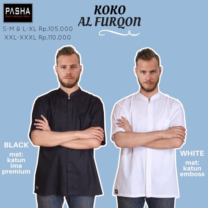 Fashion Muslim - Atasan - Baju Koko Pasha Koko Al Furqon Putih, Hitam Katun Elegan S-M, L-Xl, Xxl-