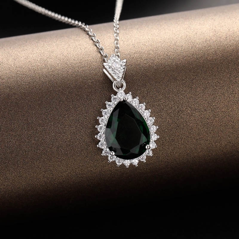 [Ready Stock]Fashion Inlaid Color Ruby Necklace Simple All-Match Emerald Water Drop Pendant