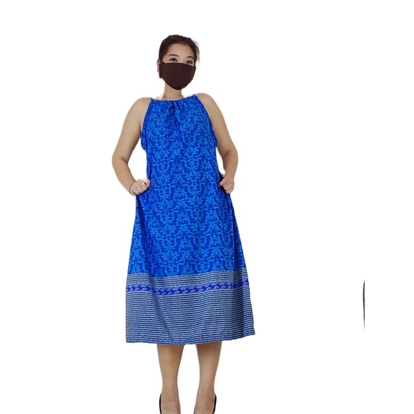 Long Dress Panjang Batik Biru Gesyal Gaun Halter Neck Tanpa Lengan Modern Maxi