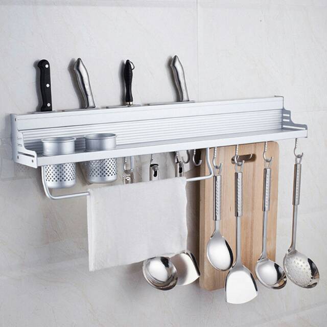 Aluminum Kitchen Storage Rack Pantry Pan Pot Organizer Cookware Holder Hooks Spice Dinnerware Shelf