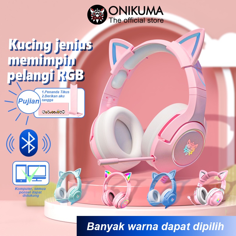 Onikuma K9 Pink Cat Ear Perempuan Headset Gaming dengan Mikrofon Pencahayaan RGB Cocok untuk Komputer Seluler Head-mount Subwoofer Headphone Kabel