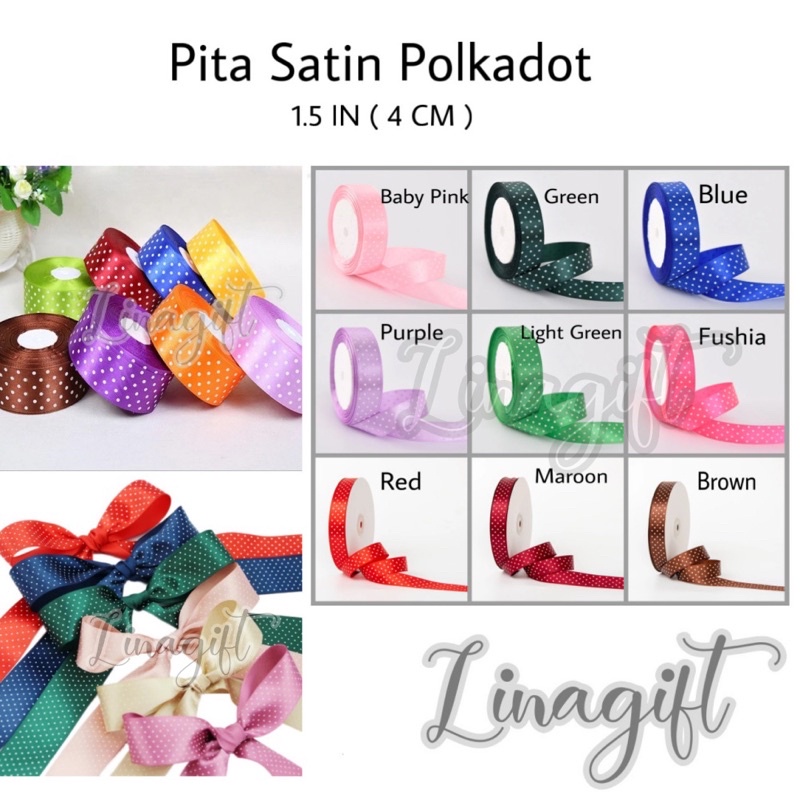 ( Rol 20 Yard ) PITA SATIN POLKADOT 1.5INCH / 4CM / 11/2IN - SILK SATEEN DOTS RIBBON 40MM