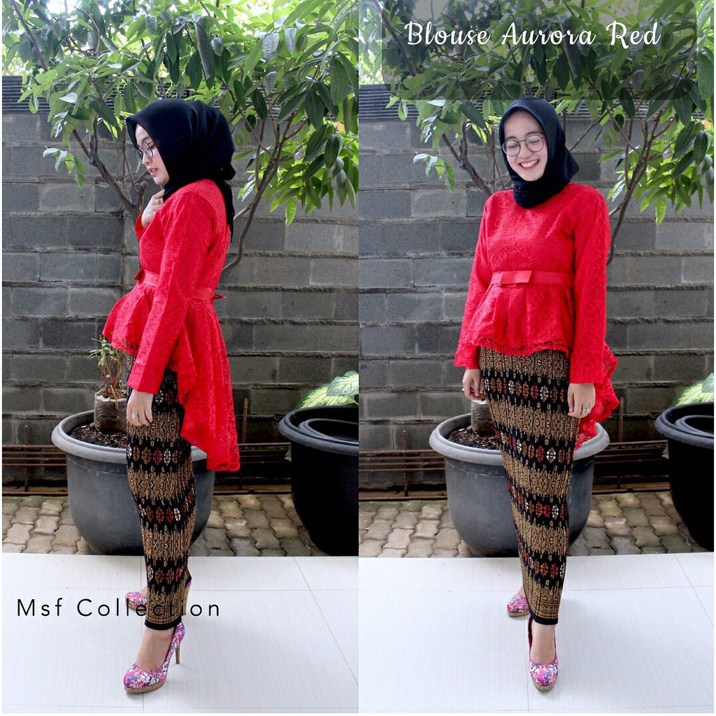 SETELAN KEBAYA BROKAT AURORA SET KEBAYA BROKAT PINGUIN MODERN MERAH CABE