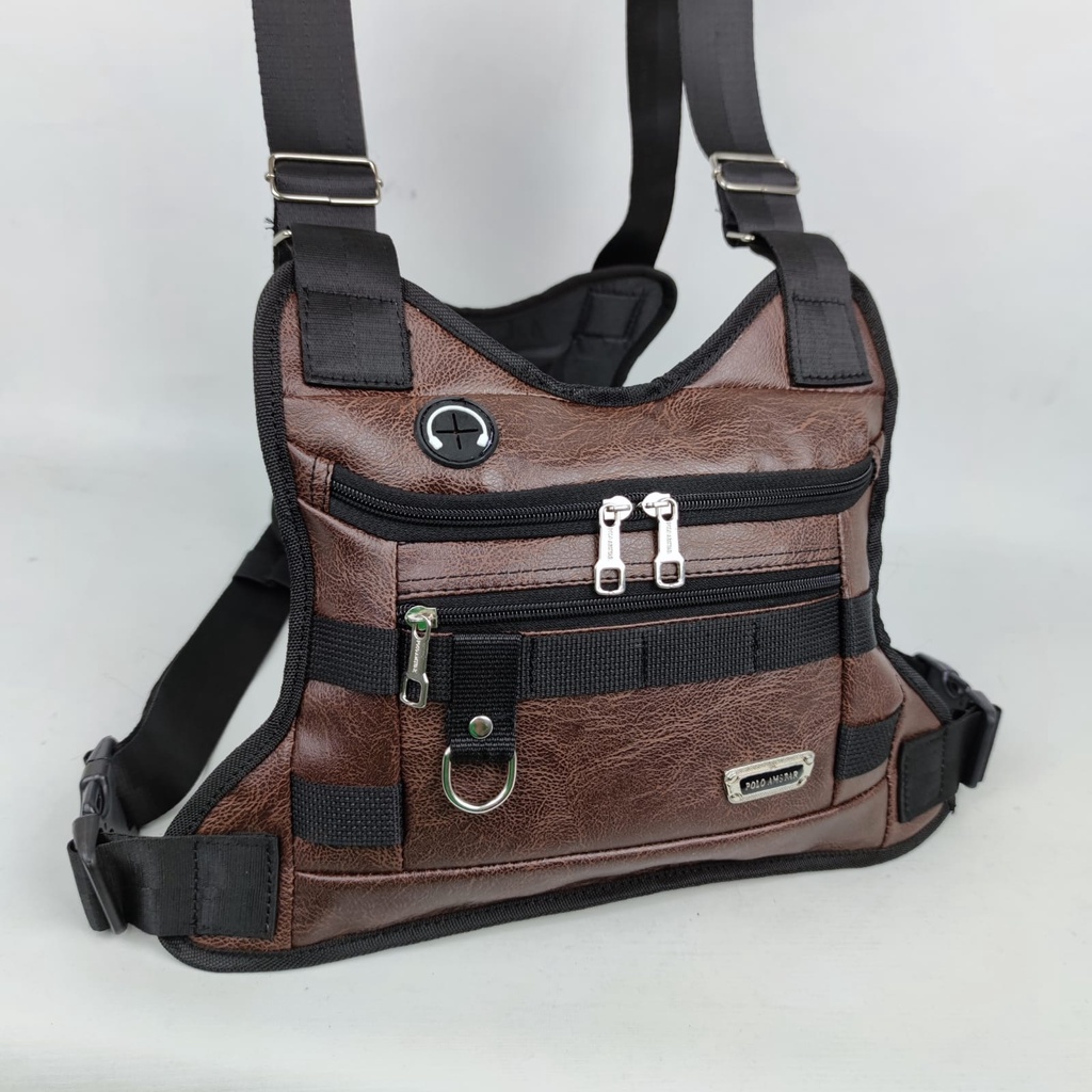 TAS SELEMPANG DADA Chest Bag Kulit PU Leather Water Resistant Tas Dada Tactical Chest Rig Outdoor Tas Rompi Tas Selempang Dada Kulit