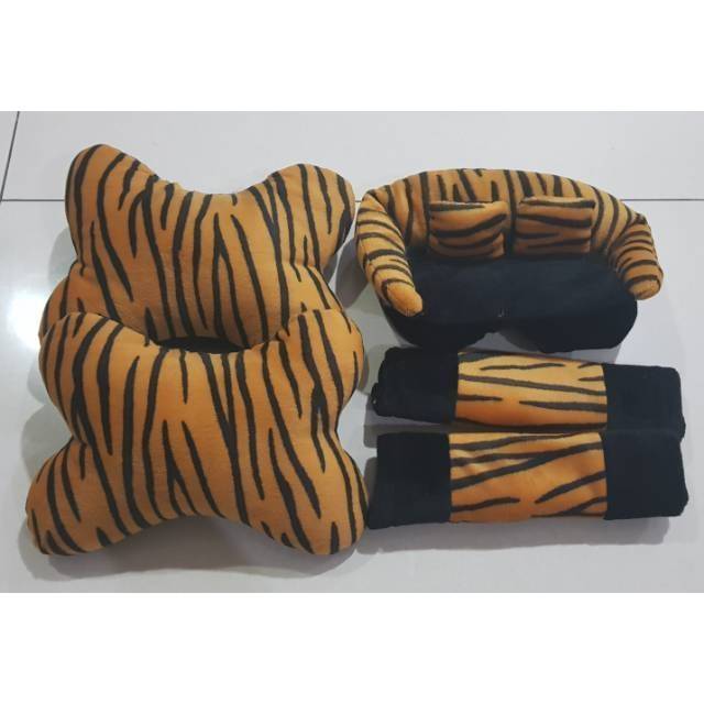 Bantal leher mobil tulang set 3in1 motif loreng zebra coklat