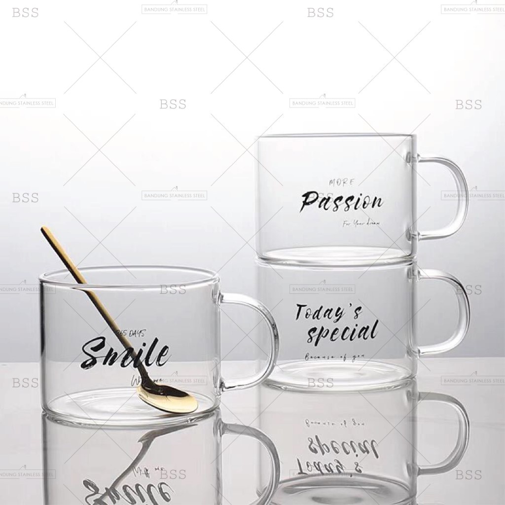 Gelas 450ml Cangkir Kaca Glass Borosilicate Sereal Cereal Cup Nordic Motif Lettering Cantik Unik