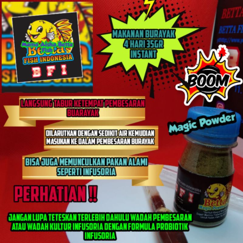 pakan burayak cupang dan ikan hias Guppy,moly,mas koki,dan sejenisnya 4-30 hari"MAGIC POWDER 2IN1"
