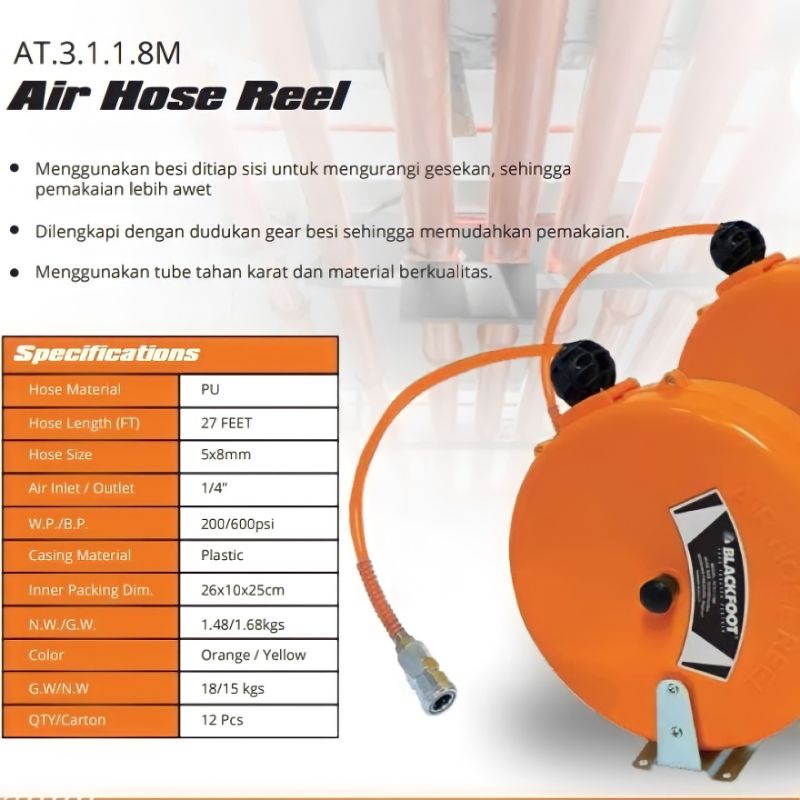 BLACKFOOT Air Hose Reel Otomatis Selang Kompresor Model Gantung Gulungan Selang Air Compressor 8 Meter