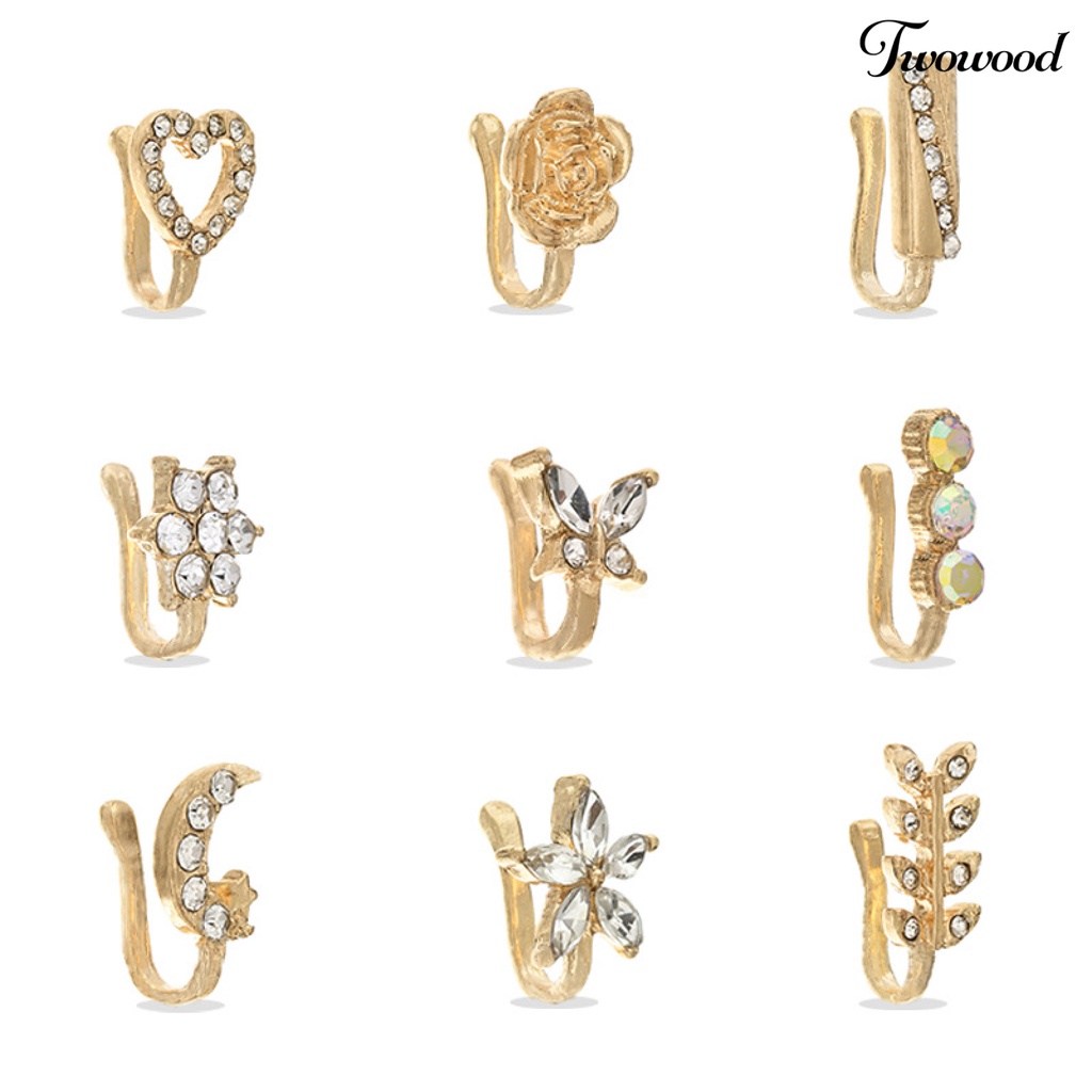 9pcs Anting Stud Hidung Bentuk Bunga Bulan Aksen Berlian Imitasi Untuk Pesta