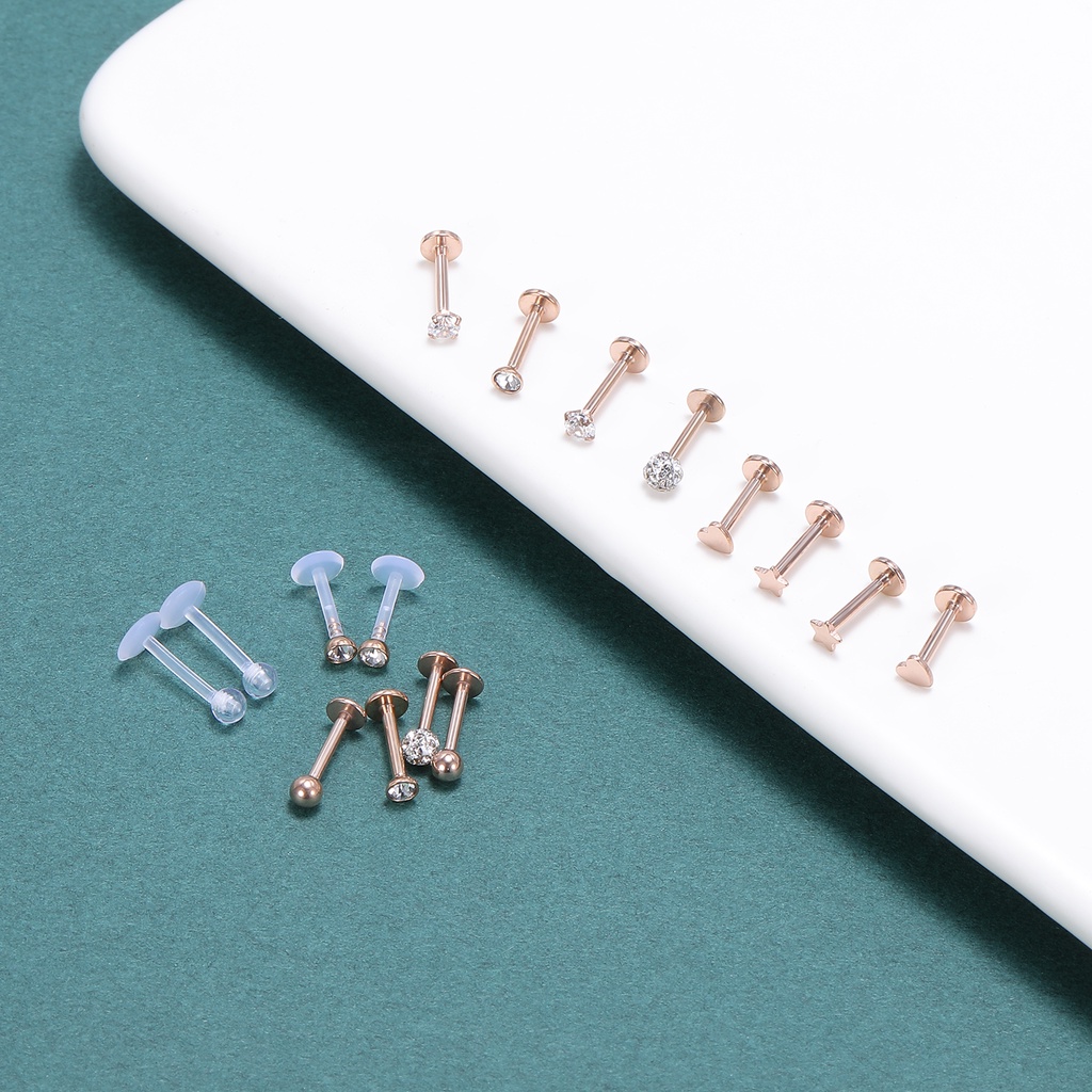 12 / 16pcs / Set Anting Tindik Labret Kristal 16g Bahan Stainless Steel Untuk Telinga Bibir Monroe