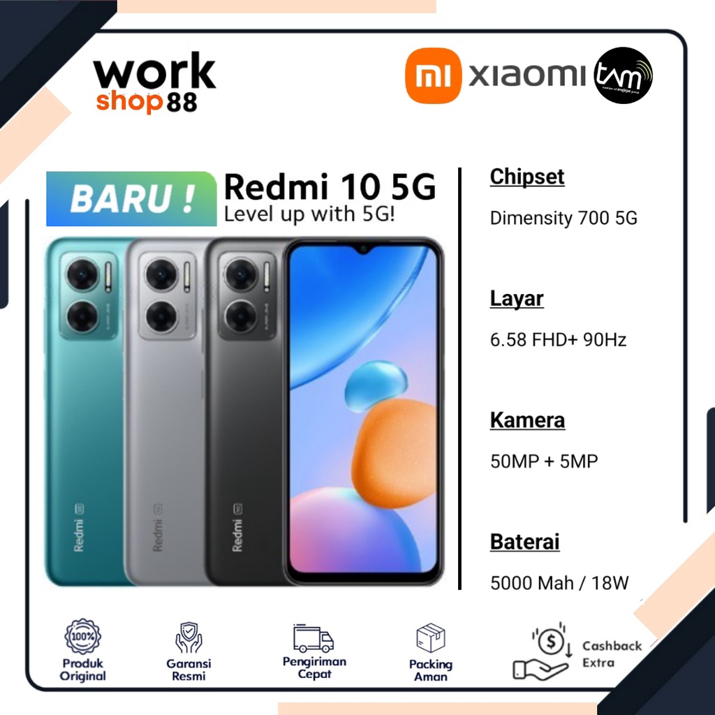 Produk Baru - HP Xiaomi Redmi 10 5G Ram 6GB + 2GB Extended Up To 8GB | 128GB Rom - New Original Gara