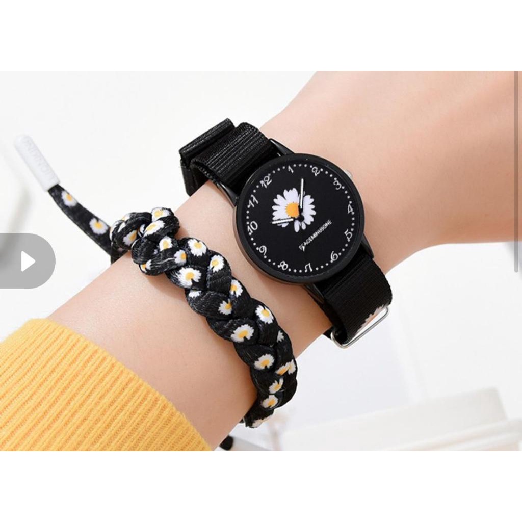 (SS)Jam Tangan Wanita Analog Motif Bunga Daisy Bahan Nilon Kanvas