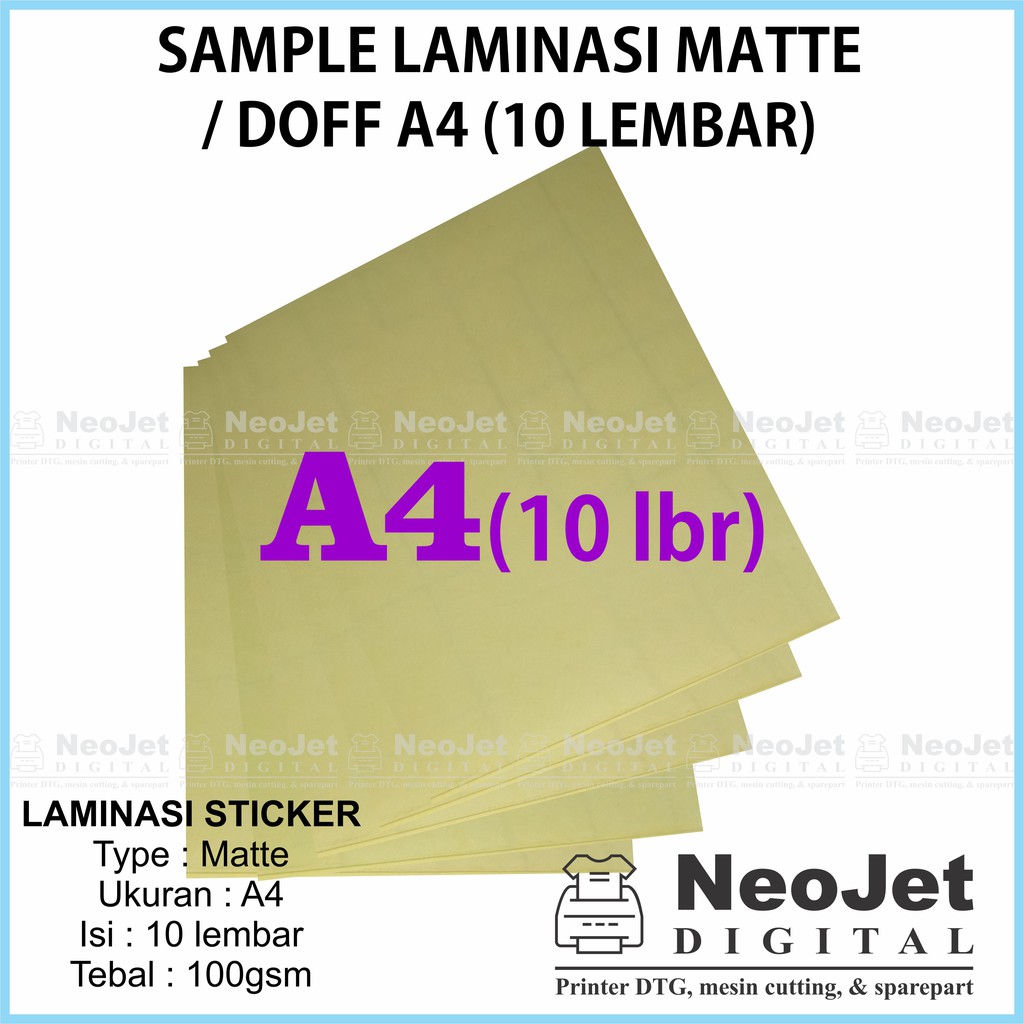 

Sample Laminasi Dingin Matte Mate Doff Buram Burem Vinyl A4 Sampel