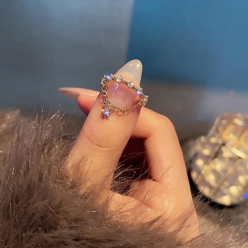 Cincin Model Terbuka Desain Meteor + Bintang + Berlian Gaya Jepang / Mewah Untuk Wanita