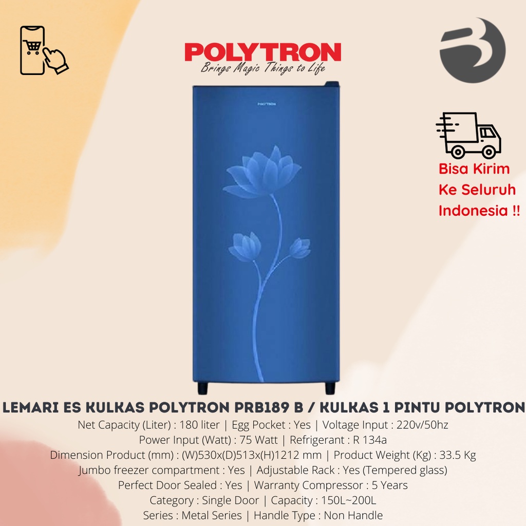 LEMARI ES KULKAS POLYTRON PRB189 B / KULKAS 1 PINTU POLYTRON