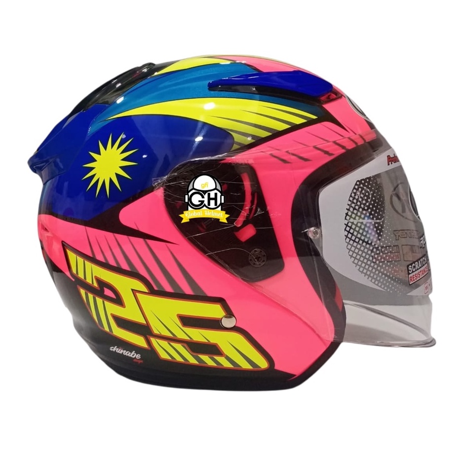 HELM NHK R1 AZLAN PINK FLO BLUE DOUBLE VISOR HALF FACE HELMET SNI