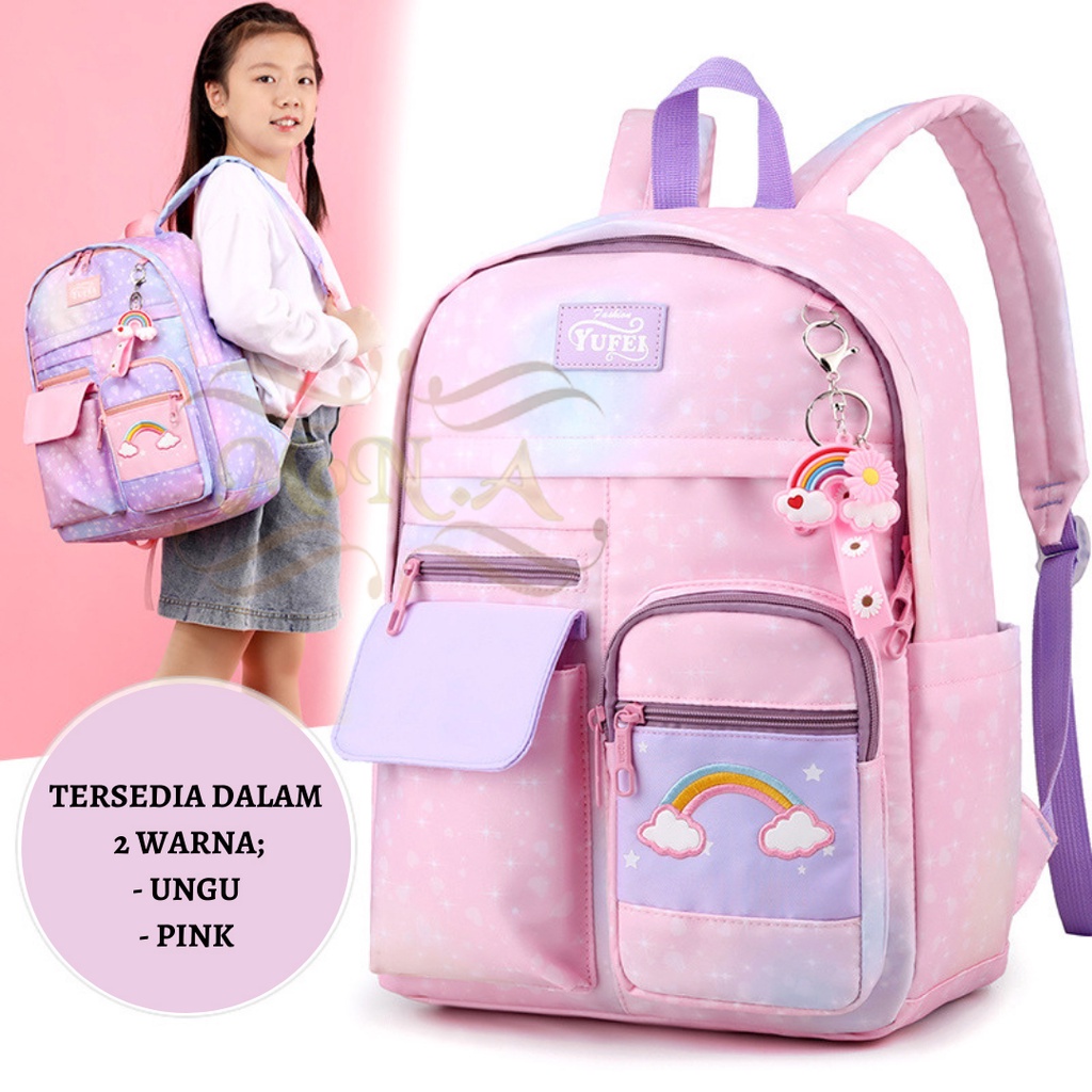 [MONA] FREE GANTUNGAN PELANGI -TAS SEKOLAH RANSEL ANAK SD/SMP/SMA CEWEK WARNA TIE DYE PELANGI RAINBOW CANTIK LUCU WATERPROOF (TAHAN AIR) M0179 - KUALITAS  IMPORT PREMIUM PINK