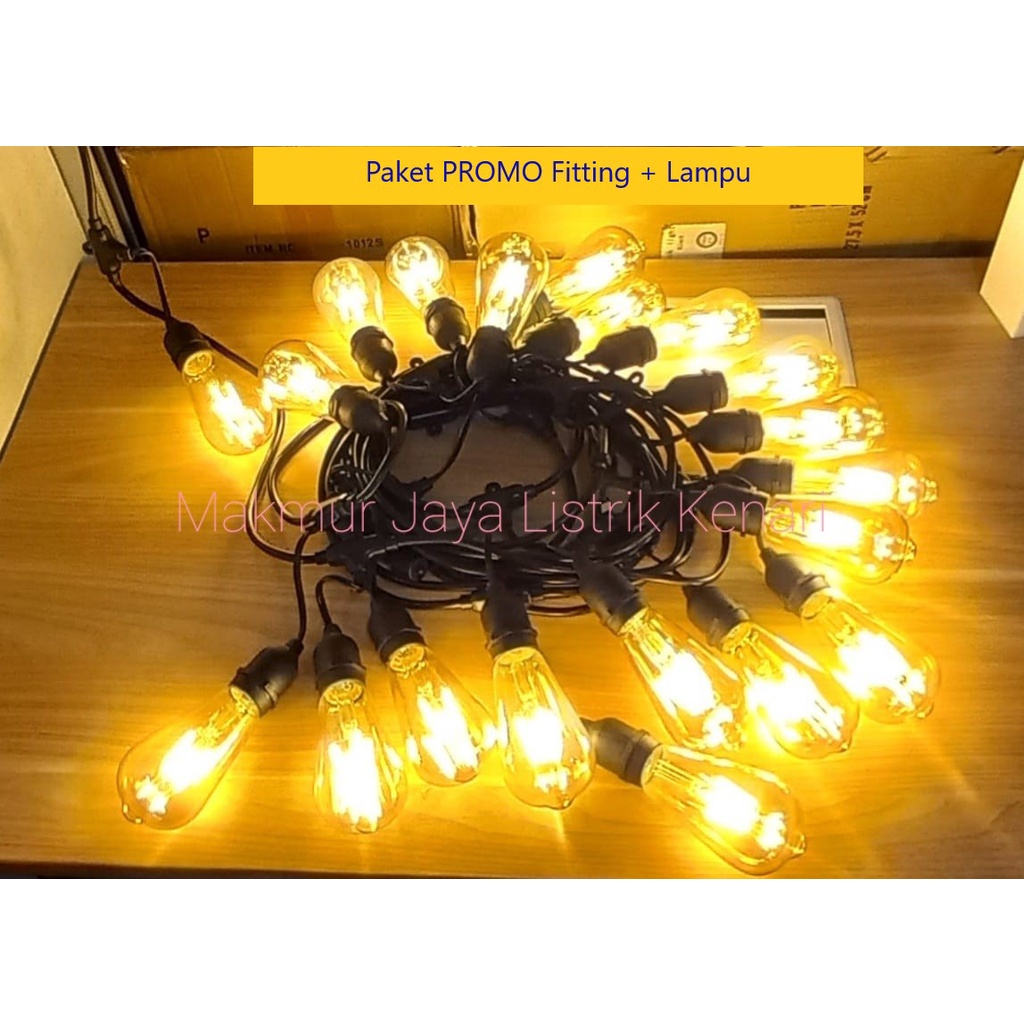 PAKET FITTING LAMPU 10M 20 FITTING + 20 LAMPU FILAMEN EDISON 4 WATT